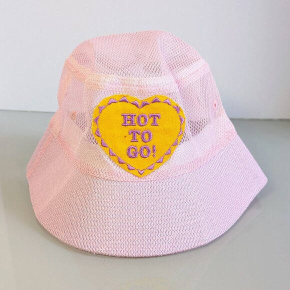 Reworked Upcycled Light Pink Mesh Bucket Hat Hot To Go Embroidered Patch - Picture 1 of 4